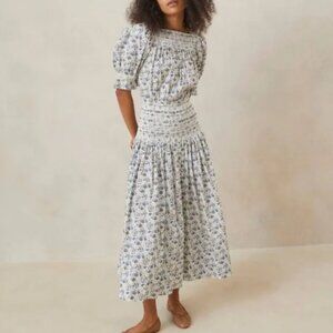 Loeffler Randall Anais Floral Mid-length Smocked Dress Cream Blue Poppy Small